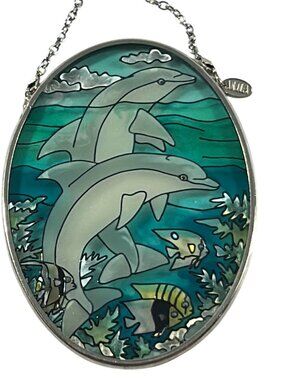 AMIA Dolphin Ocean Fish Suncatcher Hand Painted Glass Oval Window Hanging